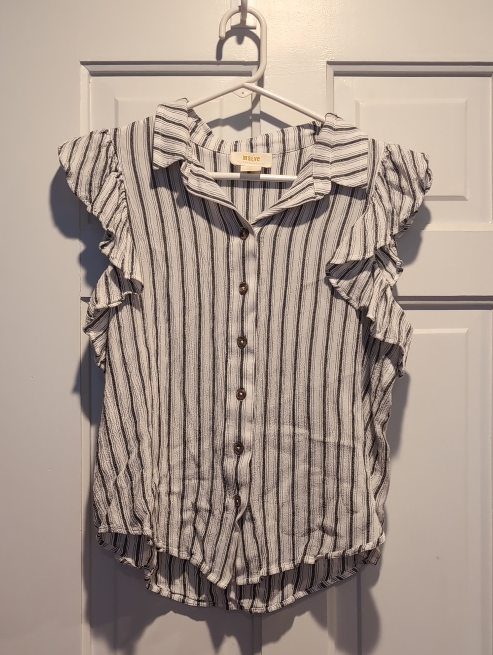 Maeve Black & White Striped Ruffle-Sleeve Button-Up Blouse
